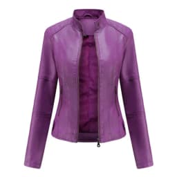 Women's Red PU Jacket, Vertical Collar Zipper Motorcycle Leather Coats, Fashion Casual Coat Female Outerwear, Black Purple Top.