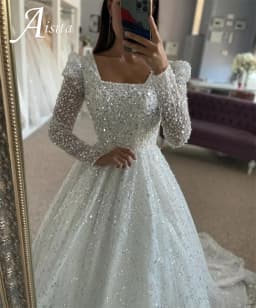 Customized Ivory Luxury Sequinned Square Collar Wedding Dress A-Line Long Sleeves vestidos de novia 2025 Formal Evening