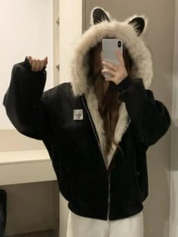 Korean Sweet Plush Rabbit Ear Decor Hooded Coat Women Vintage Aesthetic Loose Outwear Winter Casual Warm Long Sleeve Jacket New