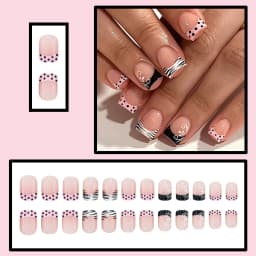 24pcs Short Square Shaped False Nails Black White Zebra-printed Polka Dot French Style Press On Nails Sweet DIY Manicure Art