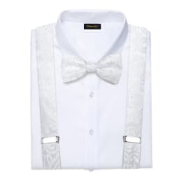 Luxury White Men's Suspenders Adjustable 6 Clips Braces DiBanGu Leather Metal Pre-Tied Bow Tie Brooch Pocket Square Set