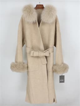 OFTBUY New Oversize Loose Cashmere Wool Blends Real Fur Coat Winter Jacket Women Natural Fox Fur Collar Hood Outerwear Belt