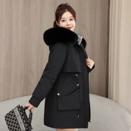 2026 New Winter Coat Down Padded Jacket Women Parkas Fur Collar Thick Hooded Cotton Coats Black Casual Outerwear Female Clothes