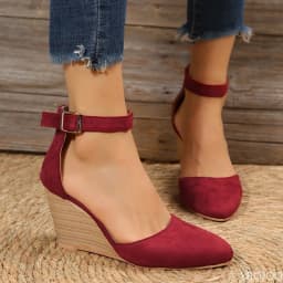 Fashionable pointed toe wedge thick soled buckle women's sandals with straight buckle solid color suede toe cap women's shoes