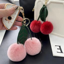 New Fluffy Rabbit Fur Cherry Keychain Ball Pompom Key Chain Handbag Car Key Chain Ring Gift Women‘s Bag Charm Backpack Accessory