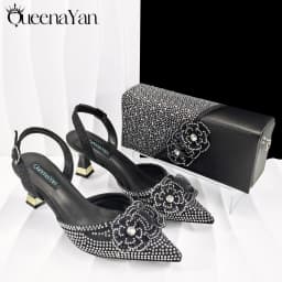 QueenaYan Elegant African-Inspired Evening Shoes and Handmade Clutch Set Pointed Toe High-Heel Women's Footwear and Matching Bag