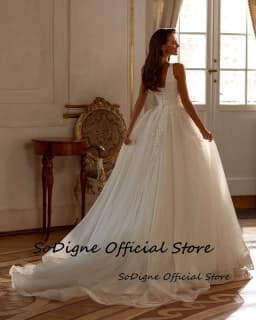 SoDigne A-line Tulle Wedding Dresses Square Collar Sleeveless Appliques Bridal Dress Bride Gown Robe De Mairee Customized 