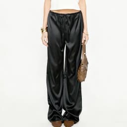Women's Solid Color Satin Pants Elastic Drawstring Waist Loose Straight Trousers Summer Fall Elegant Casual Daily Long Pants