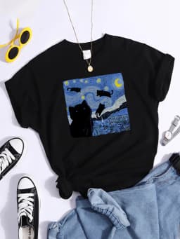 Vincent Van Gogh Starry Night Cute Cat In Painting Print Women's t-Shirt Hip Hop Soft Tops Loose Tshirt Summer Women's Tshirts