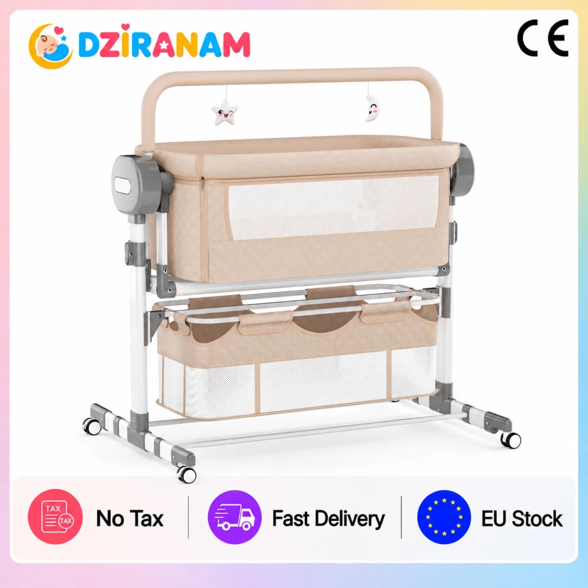 Automatic Baby Rocking Crib Electric Cradle with 5 Speed Swing Remote Control Bluetooth Music Timer Height Adjustable Breathable Mesh Mattress Mosquito Net Large Storage Basket Lockable Wheels for Newborn Infant