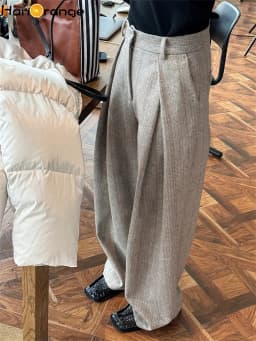 HanOrange 2026 Heavy Weight Winter Retro Herringbone Wool Pressed Double Pleated Trousers Women Wide Legs Pants Gray/Brown