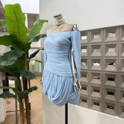 IEQJ Summer Irregular Blue Slash Neck Pleats Dress Women Long Sleeve Tight Waist Mini Dresses New 3A2052