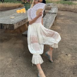 Women Lace Patchwork Ruffle High Waist Lady Trousers Loose Bloomers Pants Fashion Beach Long Balloon Puffy Bloomers Long Pant