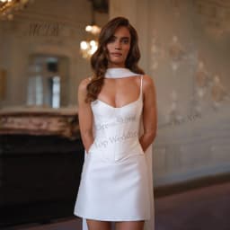 Customized White Spaghetti Strap Wedding Dress Sleeveless Lace-Up Back Bridal Gown Backless Elegant Mini Satin Wedding Gown 2026