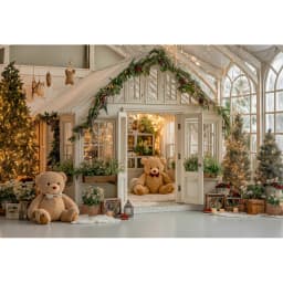 White House With Christmas Tree and Little Bear Photography Backdrop Kids Baby Cake Smash Photocall Studio Backgrounds