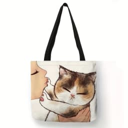 Cute Cartoon Cat Print Tote Bag, Large Capacity Shoulder Bag, Women's Casual Handbag For Work School Shopping