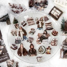 Journal GO 30pcs Warm Moments Sticker Pack PET Diorama Journal Material Winter Girl Collage Decor Themed Creative Stationery