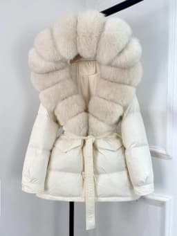 Lagabogy 2025 Thick Warm Mid-Long Puffer Coat Real Fox Fur Collar White Duck Down Coat Female Loose Warm Hooded Parkas With Belt