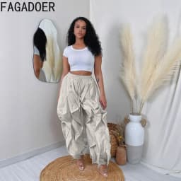 FAGADOER Casual Ruched Patchwork Lantern Sleeve Pants Women High Waist Drawstring Patchwork Pants Female Streetwear Trousers New