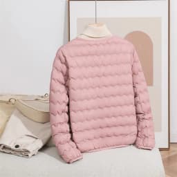 LANMREM Women Crew Neck Lightweight Short Down Jacket Wave Quilted Zipper Closure Portable Inner Wear Puffer Outerwear Coat