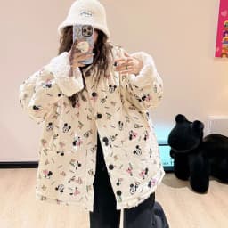 New Women's Warm Double-Sided Sherpa Jacket Cartoon Winter Loose Versatile Student Kawaii Thickened Cotton Jacket Down Jacket