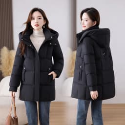 Winter Thickened down Cotton Jacket Women's Mid-Length Loose Fit Coat Detachable Cap Korean Style Polyester Fabric Long Sleeve