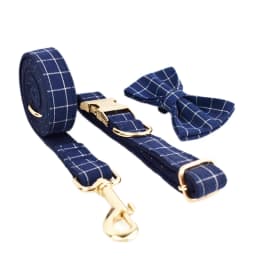 Dark Blue Check Dog Collar Leashes Harness Bow Set Grid 02