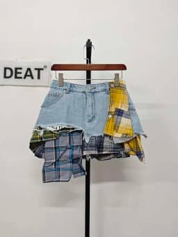 DEAT Women's Denim Skirt Colored Plaid Patchwork Irregular Deconstructed A-line High Waist Mini Skirt 2026 Spring New Fashion