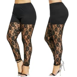 Women's Plus Size Leggings Solid Color Skinny Trousers Sheer Floral Lace Stitching Leggings High Waist Stretch Trousers L-4XL