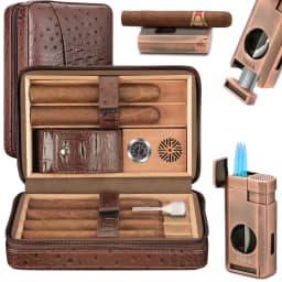Cigar Humidor, Leather Cedar Wood Cigar Case with Cigar Lighter, V Cut Cigar Cutter,Cigar Holder 3 in 1 Travel Cigar Humidor Box
