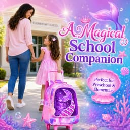 Rolling Backpack for Girls, Roller Wheels Kids Bookbag - Wheeled Suitcase Elementary Sequin School Bag - 3PCS Mermaid