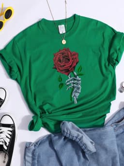 Skull And Bones The Lovers Red Rose Female Tshirts Street Hip Hop T-Shirts Cool Casual Tee Clothes Breathable Sweat Tshirt Women