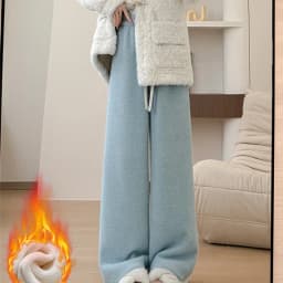 Drawstring High Waist Plush Pants For Women Winter Fleece Straight Wide Leg Casual Pants Woman Loose Thicken Warm Trousers Mujer