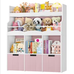 Kids' Bookshelf with Boxes on Wheels, Kids' Bookcase with 4 Storage Bins, Toy Shelf Kids' Room for Bedroom Kindergarten