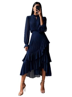 LGRQ 2026 Summer New Solid Color High Waist Dress With Ruffled Hem And Pleats Mid-Length Party Evening Gown
