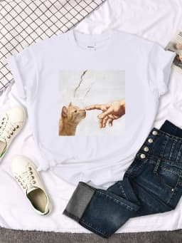 T Shirt Funny Cute Cat And Manpower Printed Womens T-Shirt Kawaii Fashion Woman Clothes Oversized Harajuku Tshirt For Women's