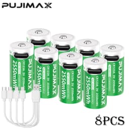 PUJIMAX CR123A Batteries With USB-C Fast Charging Cable-High Capacity 2550mWh Li-ion Polymer Cells For Flashlights Cameras