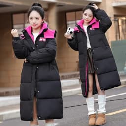 Long Hooded Puffer Coat Women Contrast Collar Warm Quilted Parka Zip‑Up Loose Windproof Winter Outerwear Ladies Padded Jacket