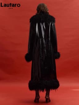 Lautaro Spring Autumn Long Black Shiny Patent Pu Leather Coat Women with Faux Fur Trim Luxury Designer Clothing European Fashion