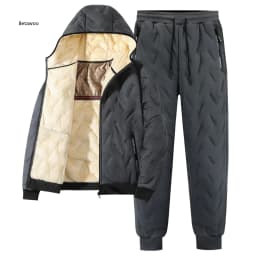 Quilted Thick Fleece Lined Men Winter Two Piece Suit Hooded Zip Outerwear And Jogger Pants With Functional Zipper Pockets