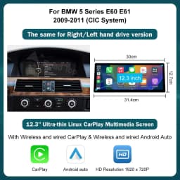 12.3" Ultra Thin Screen For BMW 5 Series E60 E61 3 Series E90 E91 E92 E93 CCC/CIC Wireless Carplay Car Multimedia Monitor Radio