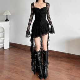 Goth Dark Fairycore Lace Flare Sleeve Square Neck A-line Dress Sweet E-girl Irregular Long Hem Dresses Cyber Y2K Party Vestido