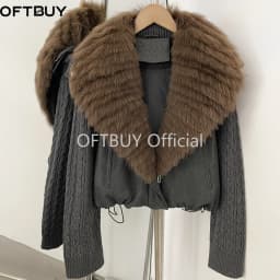 OFTBUY 90 White Duck Down Jacket Cable Knit Sleeve Zipper Drawstring Hem Cropped Coat Women Winter Real Layered Fox Fur Collar