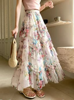New In Flower Print Irregular Mesh Floral Mesh Long Skirt Women 2025 Spring French Elegant Style A-line Tulle Skirts