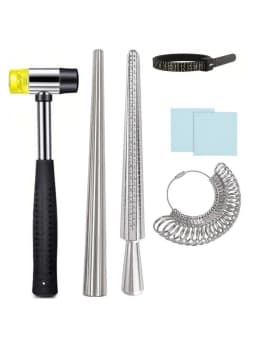 6PCS Ring Sizing Tool Kit Jewelry Ring Mandrel Set Hammer Ring Sizer Gauge Measuring Belt Polishing Cloth for Repair Making