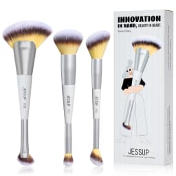 Jessup Makeup Brushes Set 3/7pcs Dual Ended Synthetic Foundation Blush Highlight Blending Eyebrow Brush with Bag,Quiet Gray T520