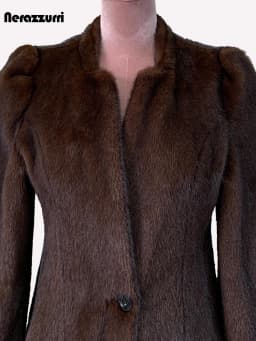 Nerazzurri Winter Short Brown Thick Warm Soft Fitted Faux Mink Fur Coat Women Single Button Elegant Luxury Chic Fluffy Jacket