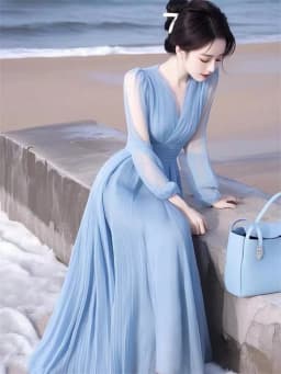 Elegant V-Neck Solid Color Loose Ruffles Long Dress Women's Clothing 2026 Summer New Long Sleeves Blue Chiffon Lady Party Dress