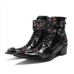 British Punk Style Men Short Ankle Boots High Heels Rivets Pointed Toe Dress Shoes Shiny Leather Mixed Color Zapatos Para Hombre