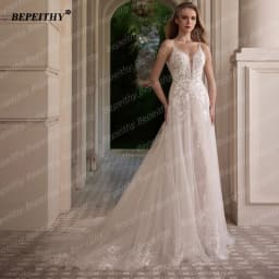 BEPEITHY Customized Sexy Backless A Line Wedding Dresses Sleeveless Women V Neck Glitter Boho Court Train Lace Bride Bridal Gown